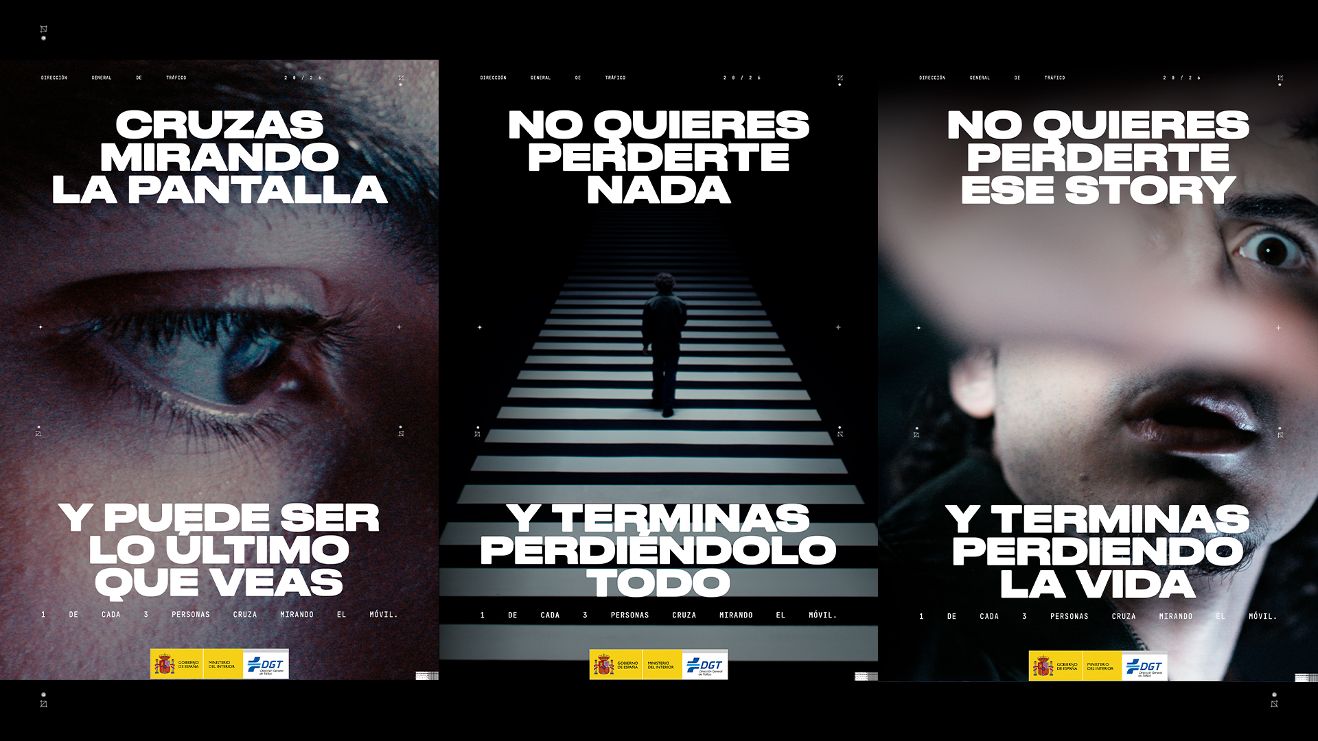 Tres escenas alertan del peligro de usar el móvil al cruzar: ojo mirando pantalla, peatón en paso de cebra y rostro en shock