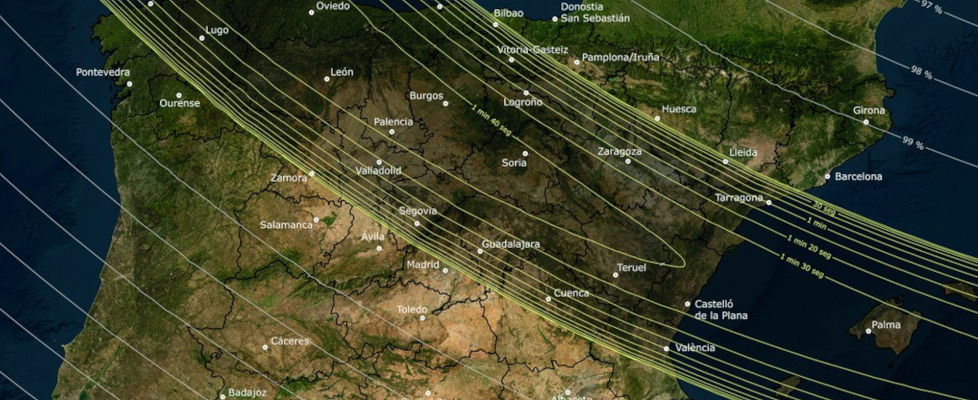 Mapa en el que se indica los lugares desde donde mejor se verá el eclipse indicando las capitales de provincia