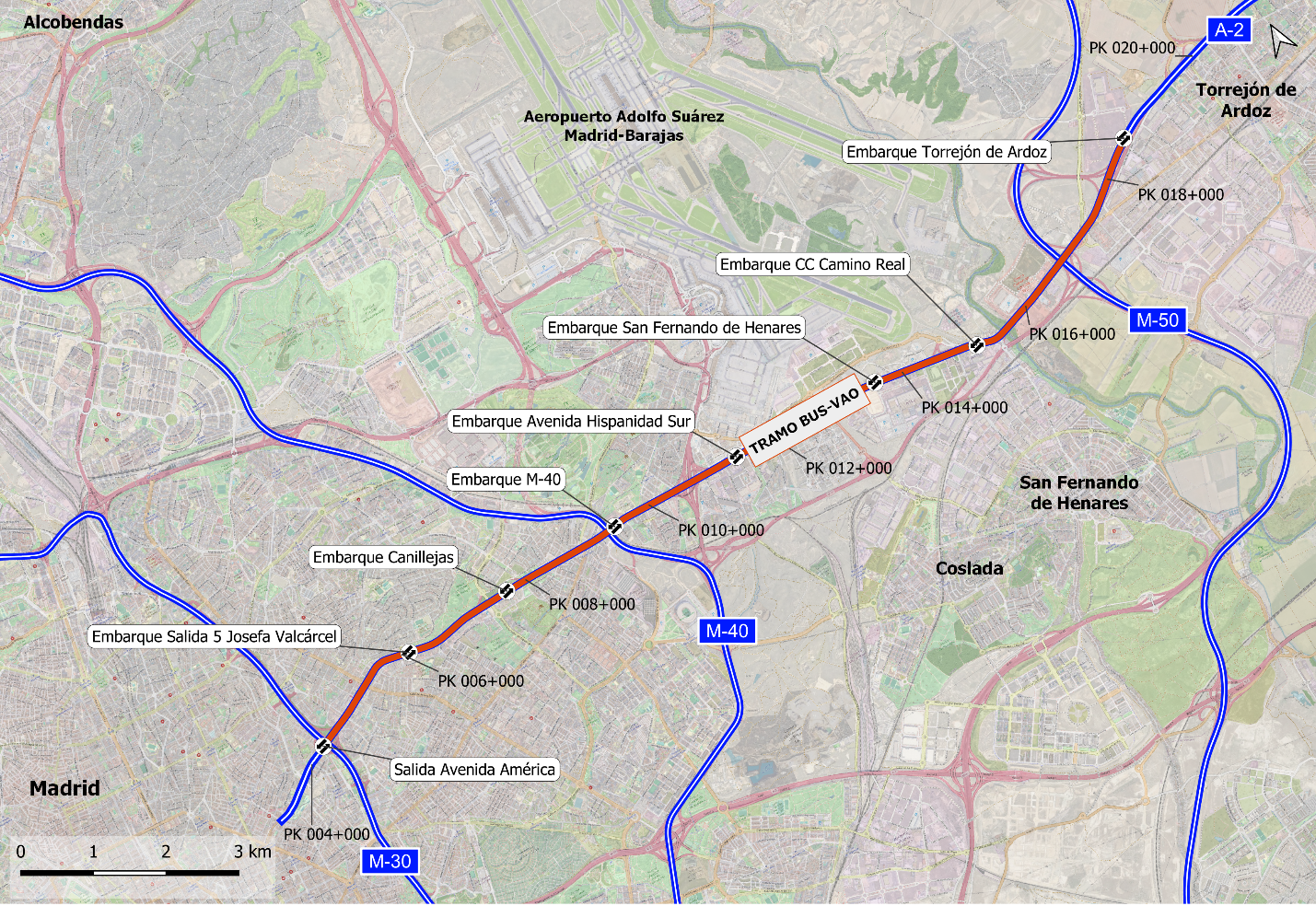Mapa de carretera con la ruta del bus vao de la A2 marcada en rojo