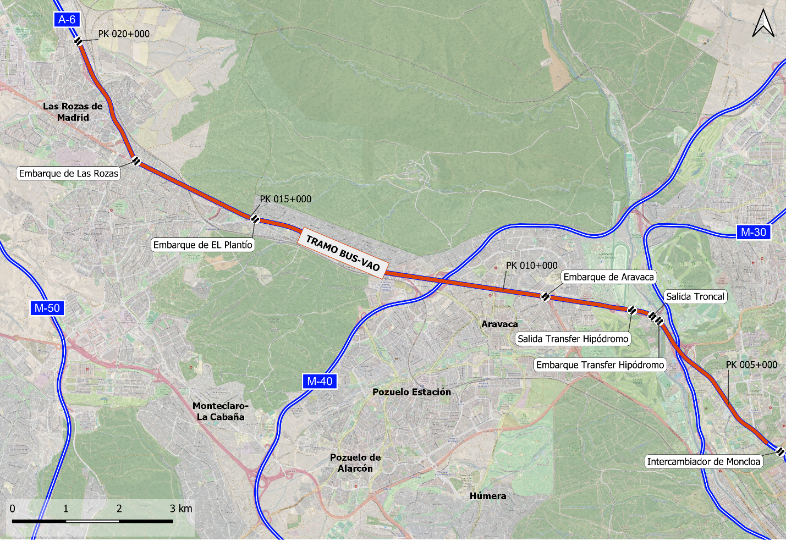 Mapa de carretera con la ruta del bus vao de la A6 marcada en rojo