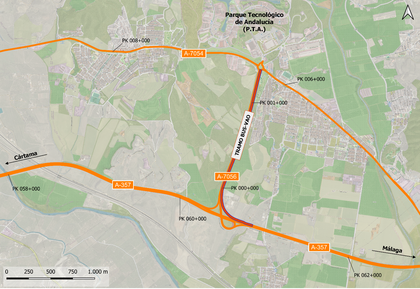 Mapa de carretera con la ruta del bus vao de la A-7056 marcada en rojo
