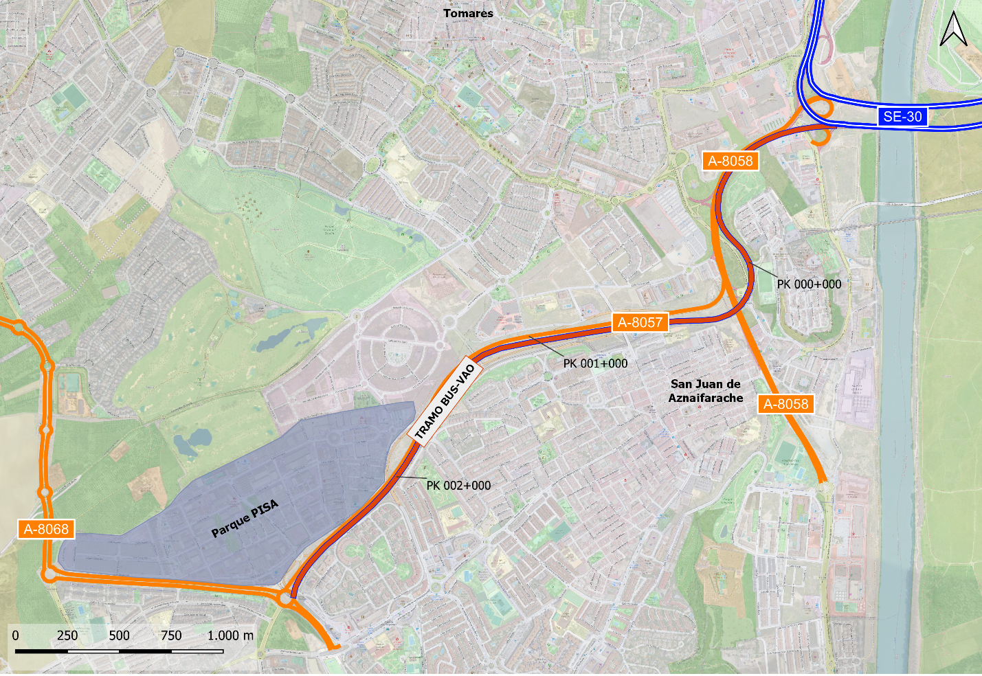Mapa de carretera con la ruta del bus vao de la A-8057 marcada en rojo