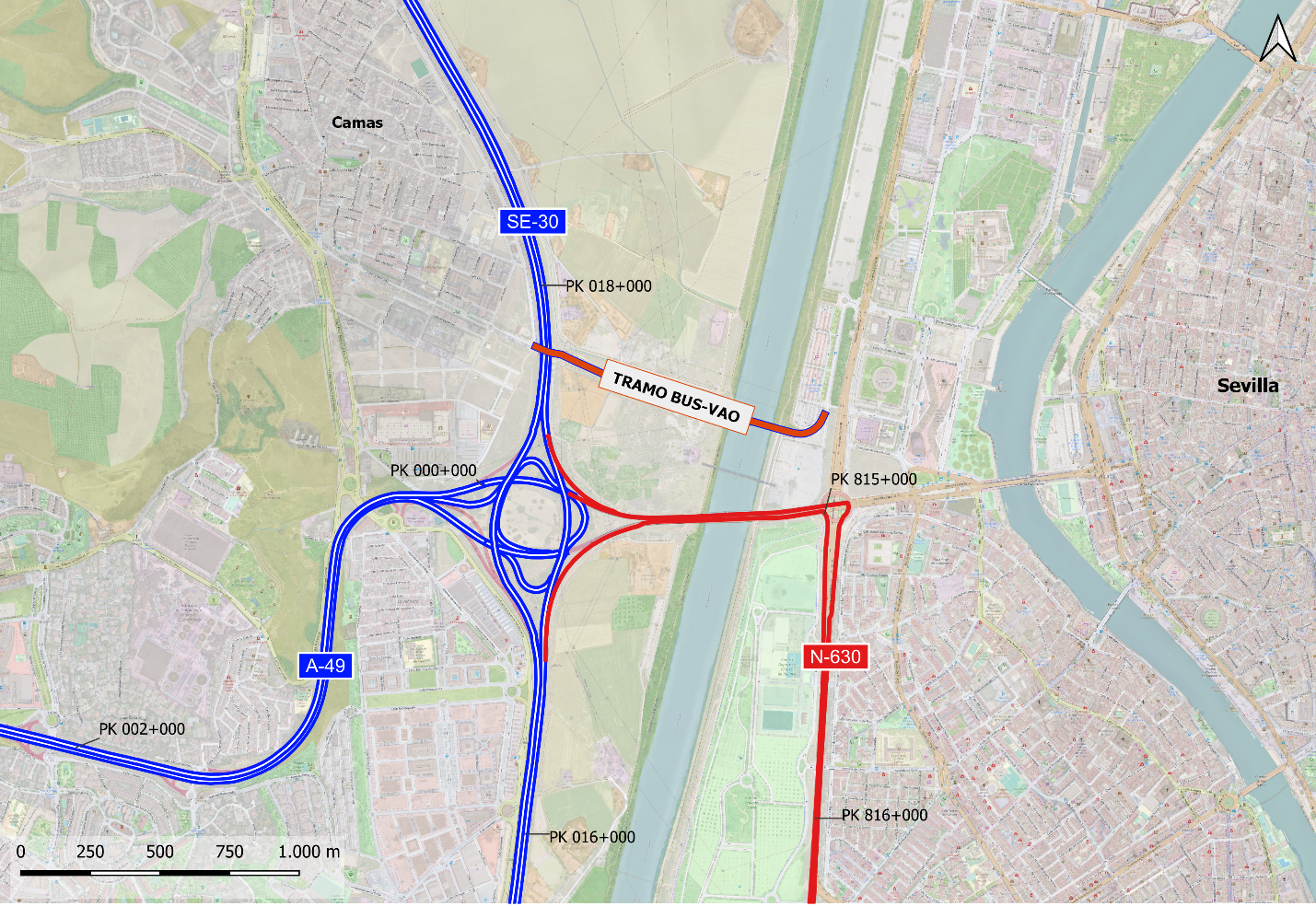 Mapa de carretera con la ruta del bus vao del puente de la Señorita marcada en rojo