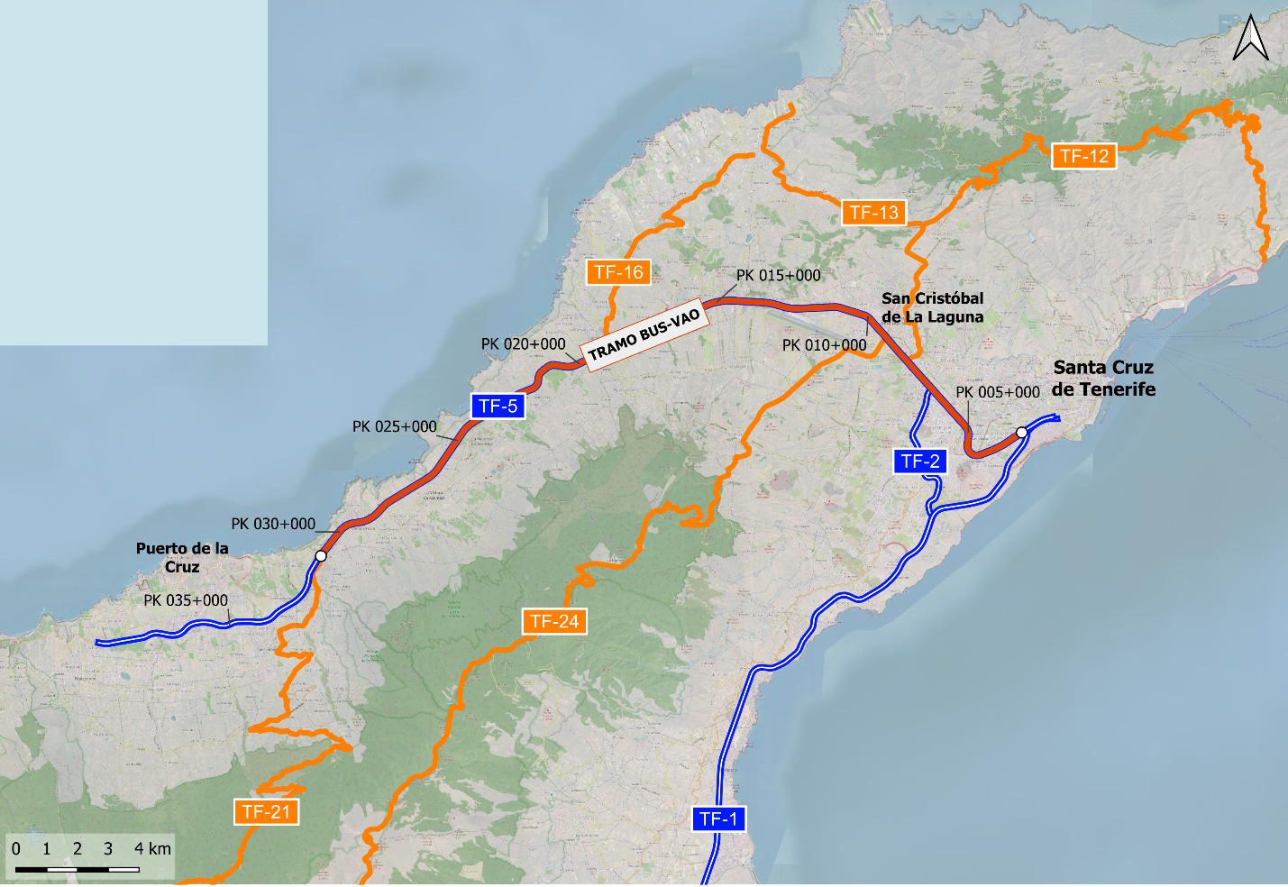 Mapa de carretera con la ruta del bus vao de la TF-5 marcada en rojo