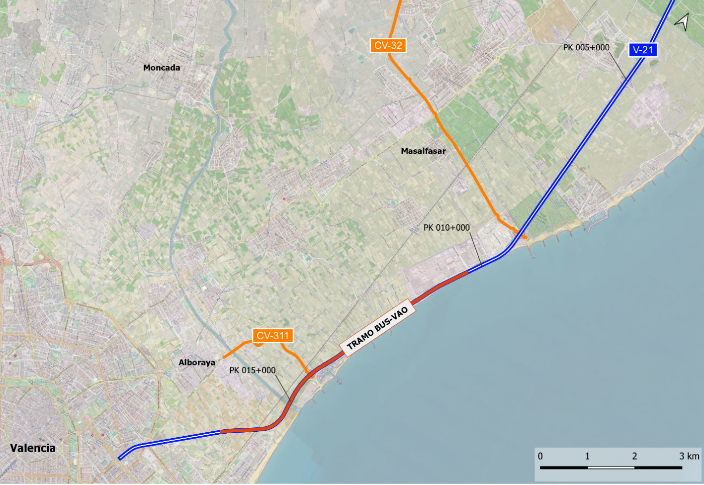 Mapa de carretera con la ruta del bus vao de la V21 marcada en rojo