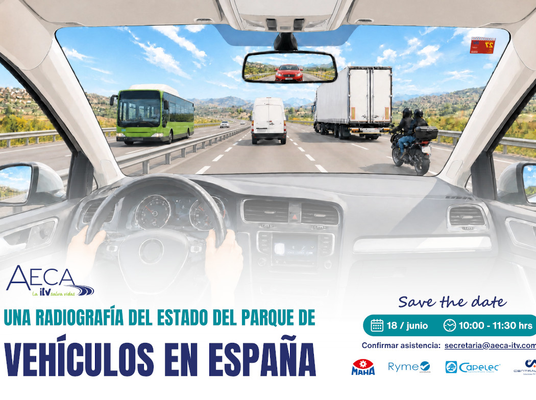 Cartel de un evento sobre el estado del parque de vehículos en España, con vista desde el interior de un coche circulando por una autopista