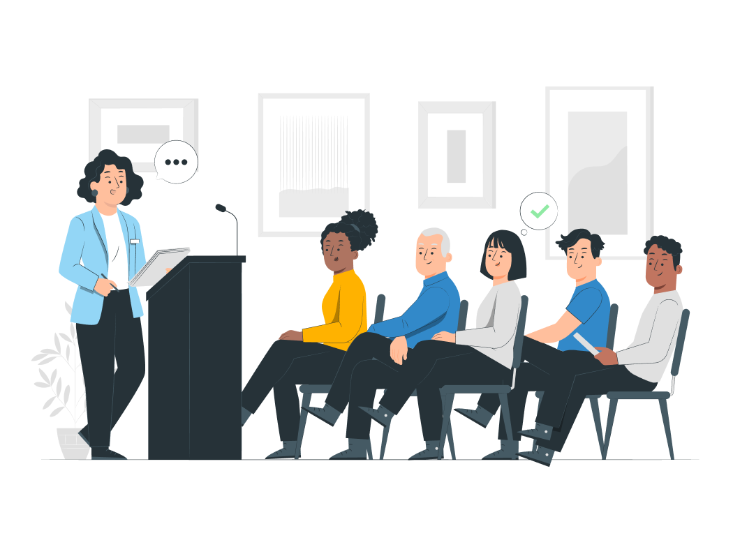 Ilustración de una mujer de pie hablando en un atril frente a personas sentadas Ilustración de una mujer de pie hablando en un atril frente a personas sentadas