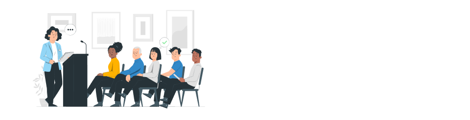 Ilustración de una mujer de pie hablando en un atril frente a personas sentadas