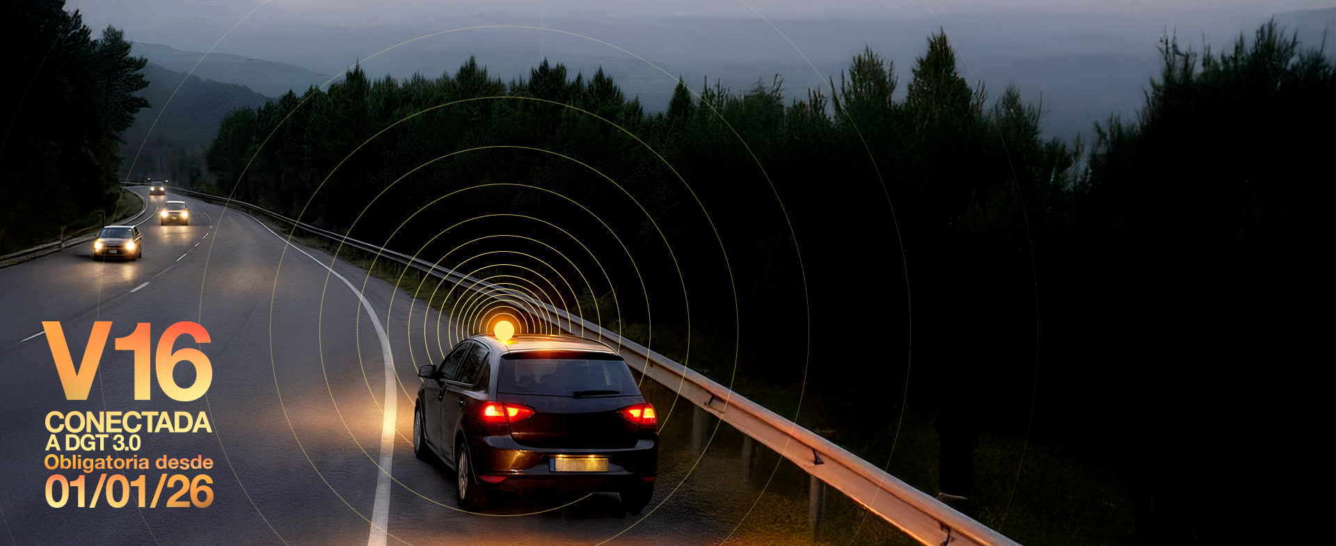 Coche parado en el arcén con una luz V16 iluminada en el capó del coche