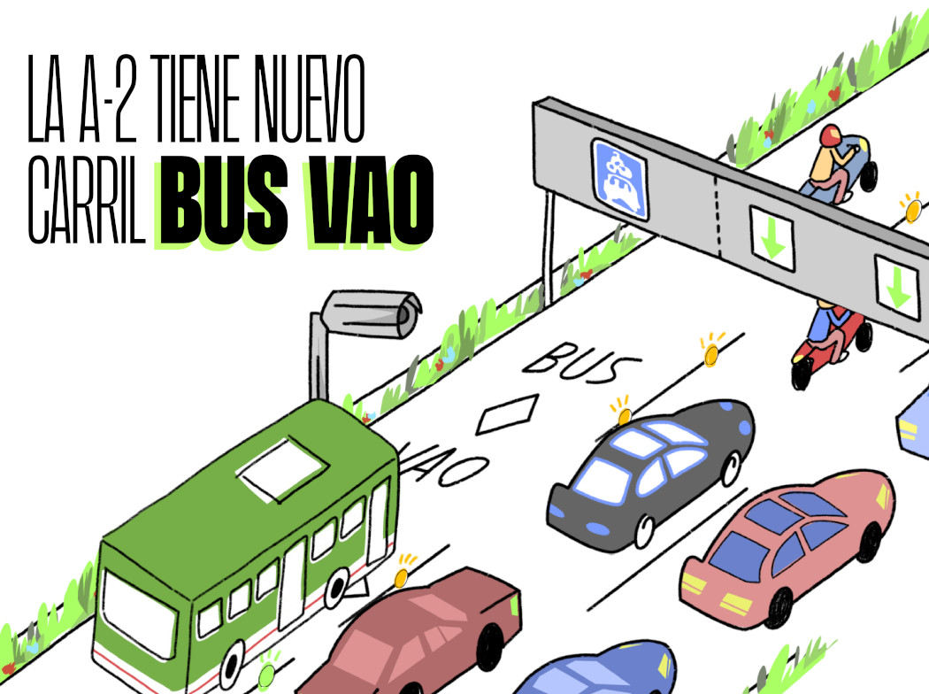 Cartel con dibujos de un carril con coches y autobuses con el siguiente título La A2 tiene nuevo carril bus vao Cartel con dibujos de un carril con coches y autobuses con el siguiente título La A2 tiene nuevo carril bus vao