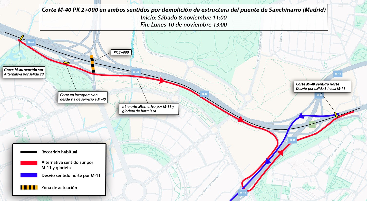 Mapa con las rutas de desvío y alternativa marcadas