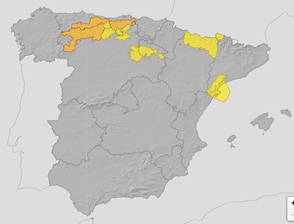 Mapa de España con las previsiones de nevadas para el jueves 20