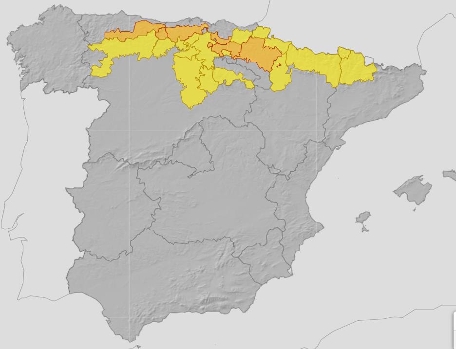 Mapa de España con las previsiones de nevadas para el viernes 21
