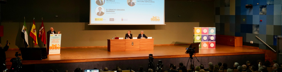 Vista del escenario del acto inaugural con los ponentes sobre el escenario y los asistentes como público