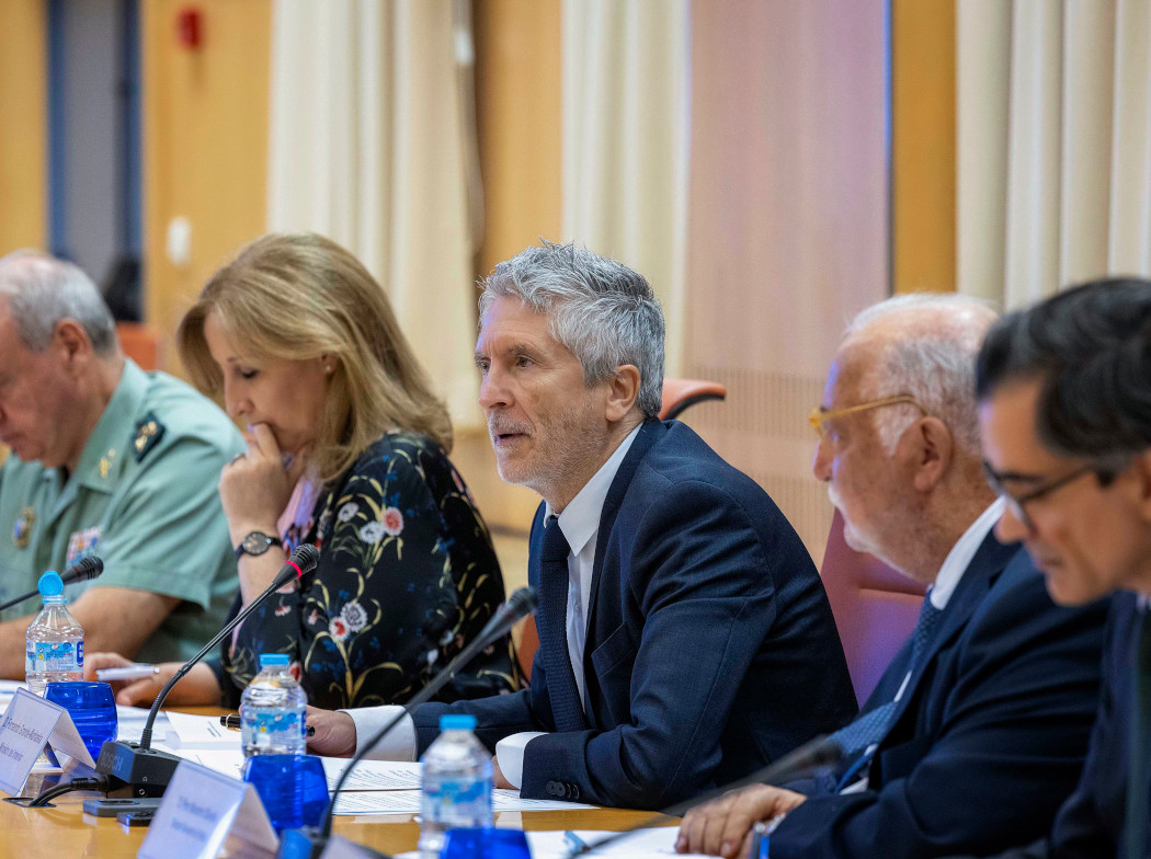 Varias personas sentados en una mesa con micrófonos, y el ministro del Interior Grande-Marlaska hablando