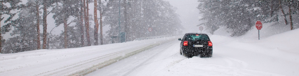 Coche negro detenido en medio de una nevada, con las luces de freno encendidas, en una carretera nevada rodeada de árboles muy altos al fondo