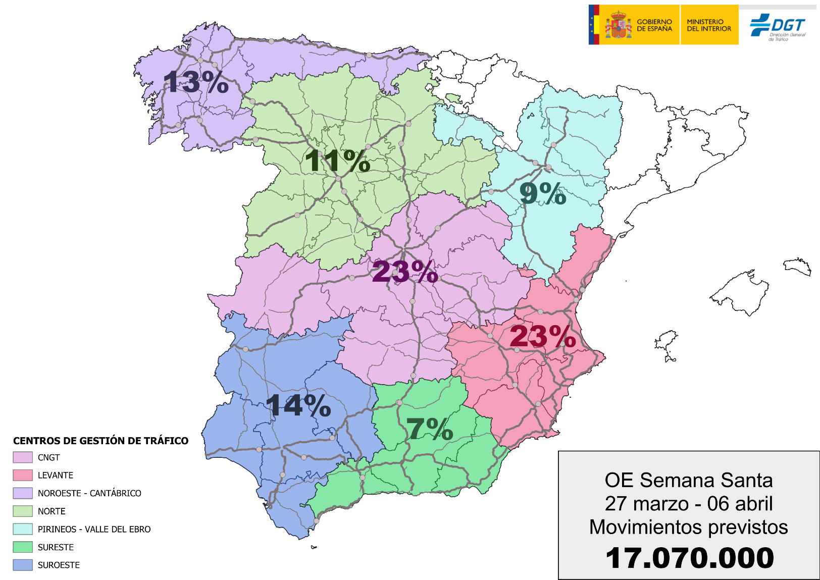 Mapa de España dividido por zonas en colores con porcentajes del número de desplazamientos que se van a realizar en cada una de esas zonas