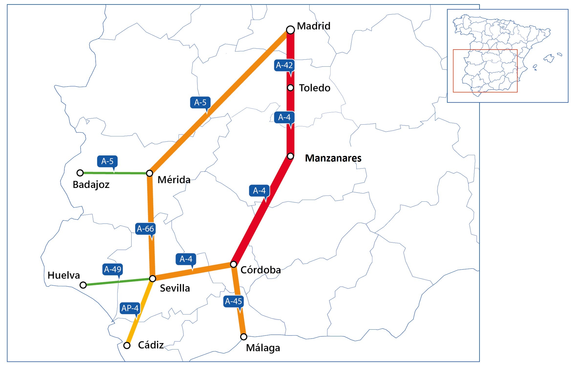 Mapa de España con la zona de Andalucía ampliada en donde hay plasmadas líneas de colores marcando los diferentes itinerarios