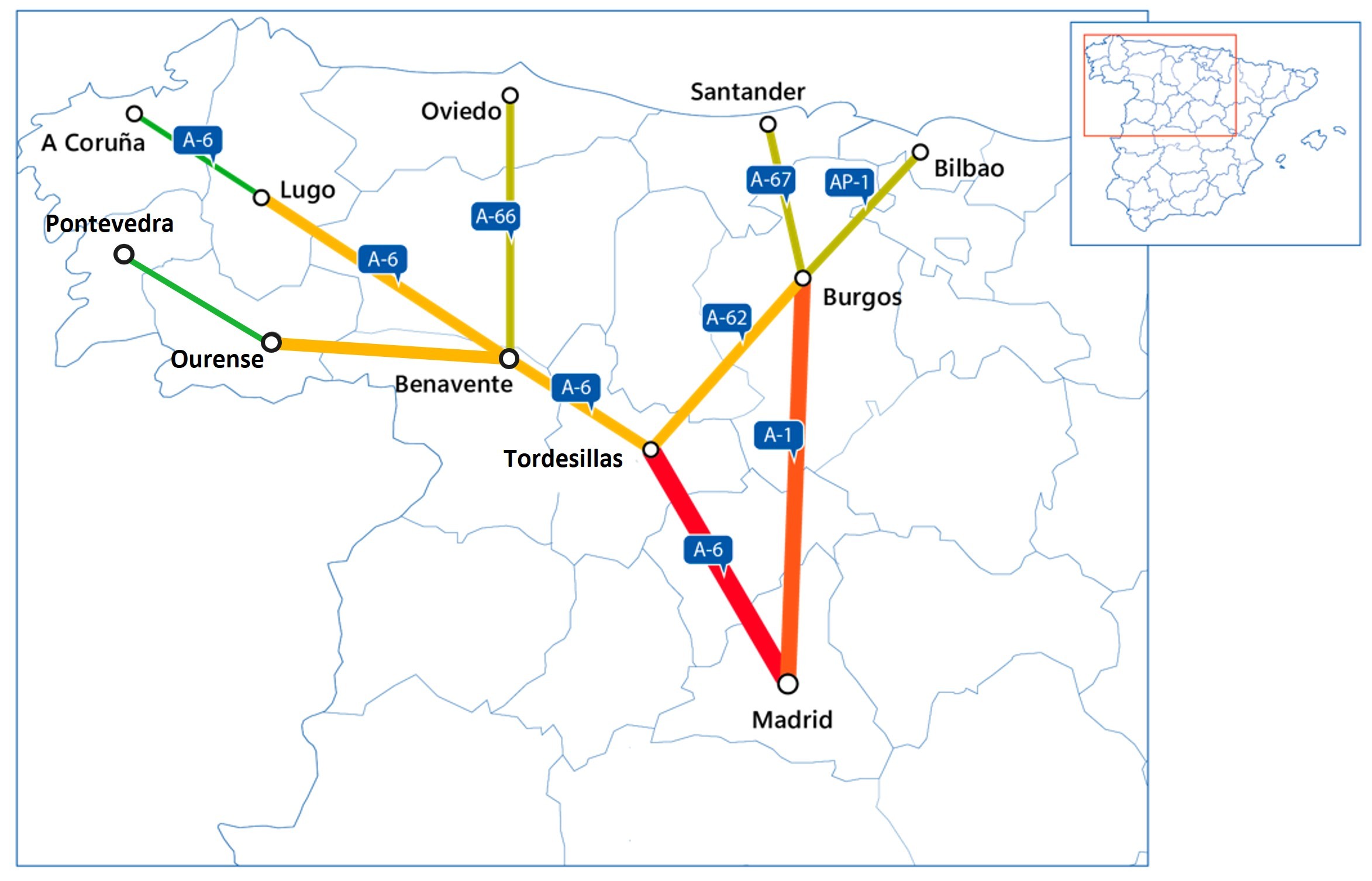 Mapa de España con la zona de la cornisa Cantábrica ampliada en donde hay plasmadas líneas de colores marcando los diferentes itinerarios