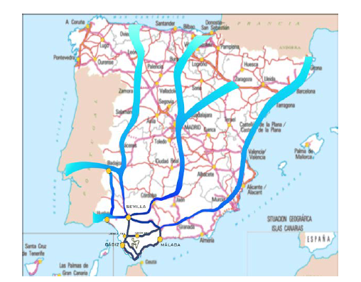 mapa de España de carretera con los tres itinerarios señalizados en azul