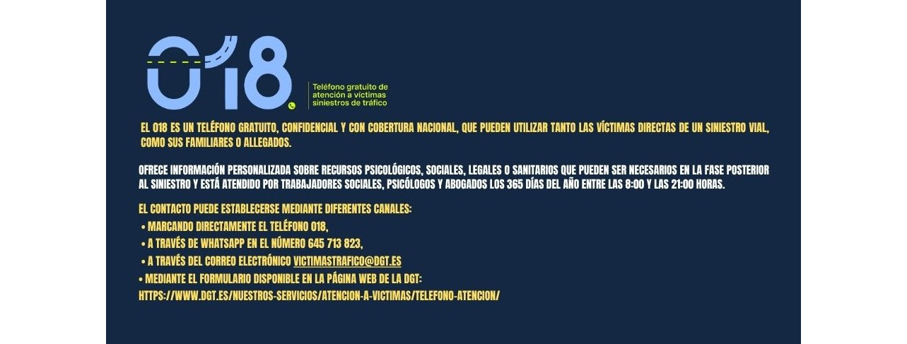 Cartel del teléfono gratuito 018 para víctimas de siniestros de tráfico, con información sobre apoyo profesional diario y el número 018 destacado.