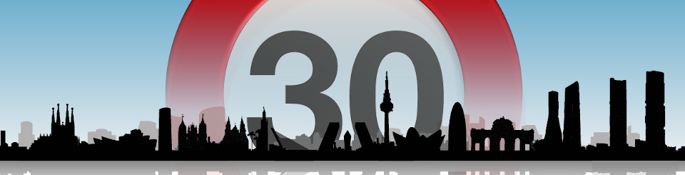 Infografía que celebra varios años del límite 30 en las ciudades, con un skyline urbano y una gran señal de 30 en el centro
