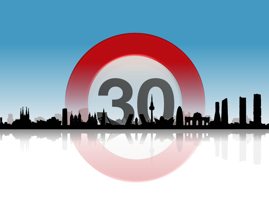 Infografía que celebra varios años del límite 30 en las ciudades, con un skyline urbano y una gran señal de 30 en el centro