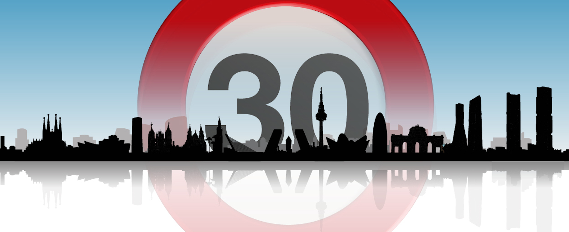 Infografía que celebra varios años del límite 30 en las ciudades, con un skyline urbano y una gran señal de 30 en el centro