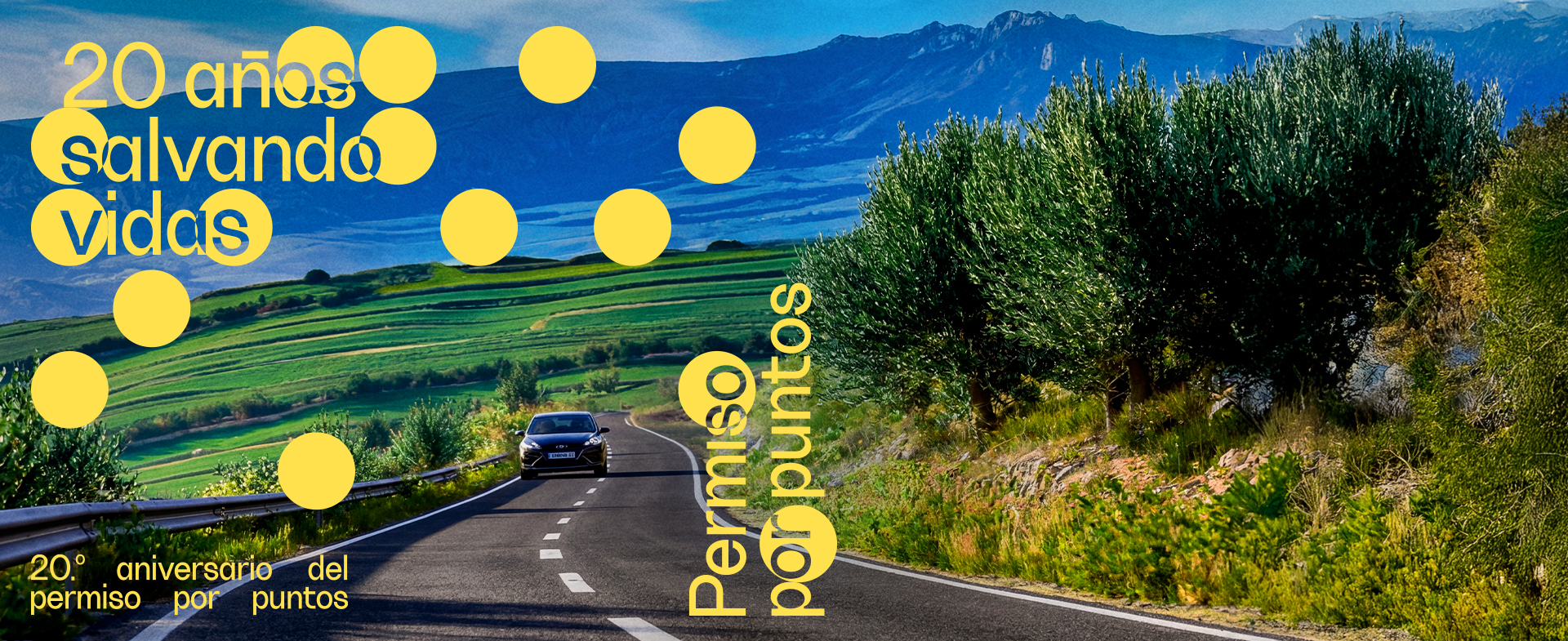 Coche de frente en una carretera con curvas y quitamiedos a la derecha. Se muestran textos en amarillo sobre la imagen