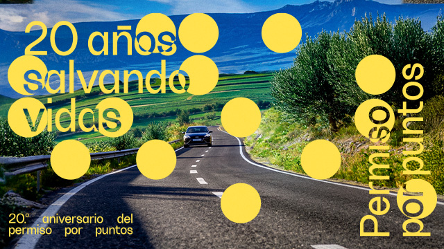 Coche de frente en una carretera con curvas y quitamiedos a la derecha. Se muestran textos en amarillo sobre la imagen