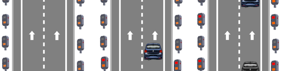 Secuencia de una carretera con sensores laterales donde un coche avanza y otro aparece detrás en el mismo carril