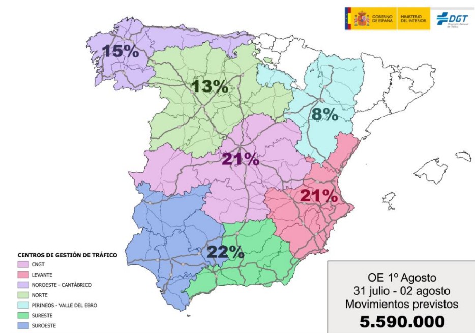 Mapa de España dividido por zonas en colores con porcentajes de desplazamientos