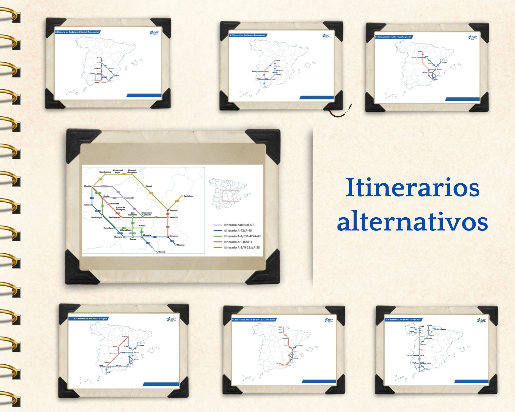 Portada de un cuaderno de itinerarios alternativos con 7 mapas pequeños indicando los itinerarios.