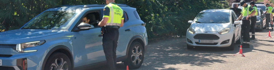 Un grupo de guardias civiles realiza un control de alcohol y drogas a los conductores de varios coches detenidos en una carretera, junto a una arboleda