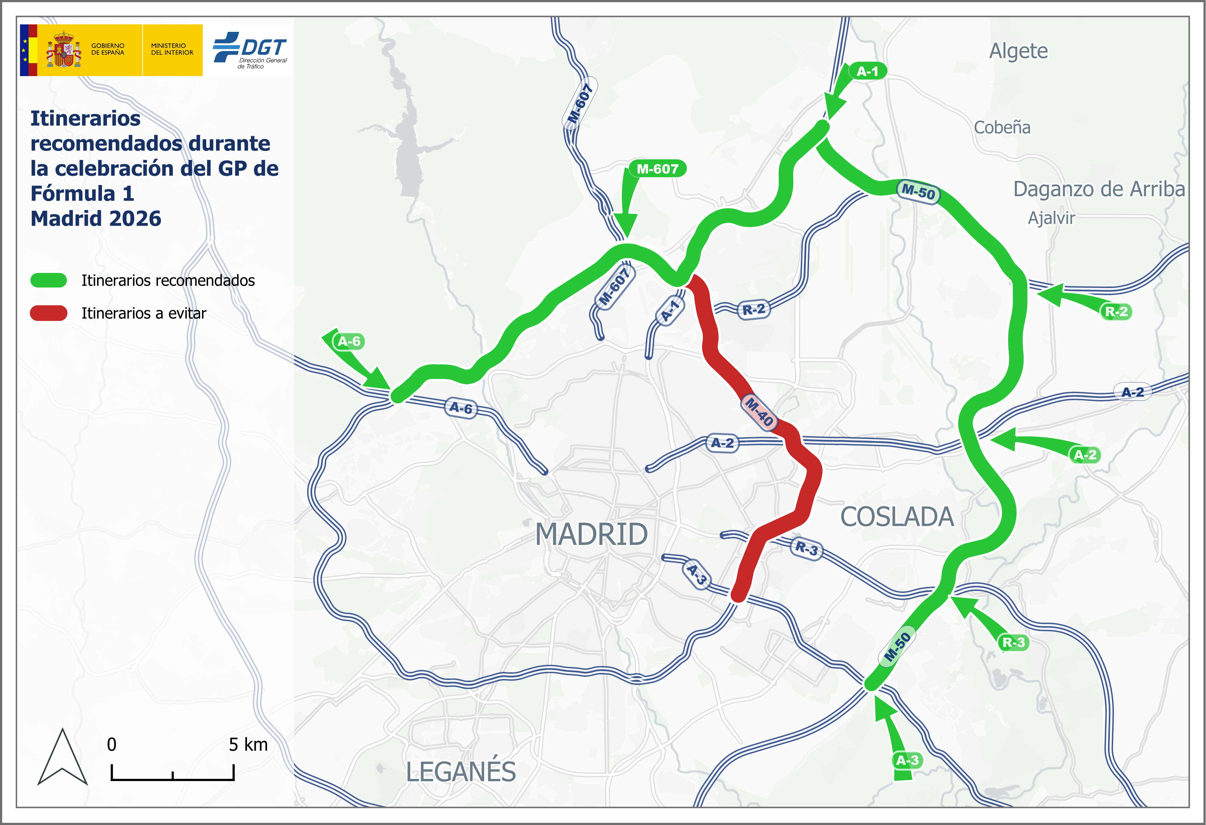 Mapa de los itinerarios recomendados para desplazarse durante el Gran Premio de Fórmula 1 de Madrid 2026