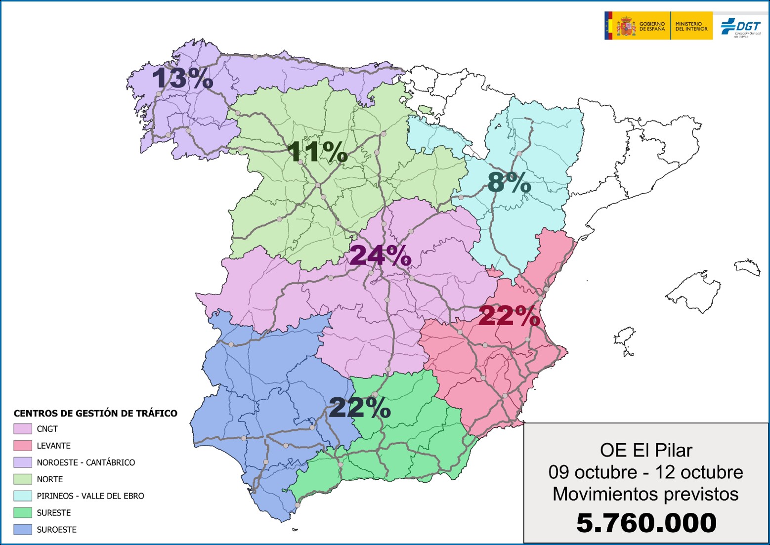 Mapa de España con el porcentaje de desplazamientos dividido por zonas territoriales