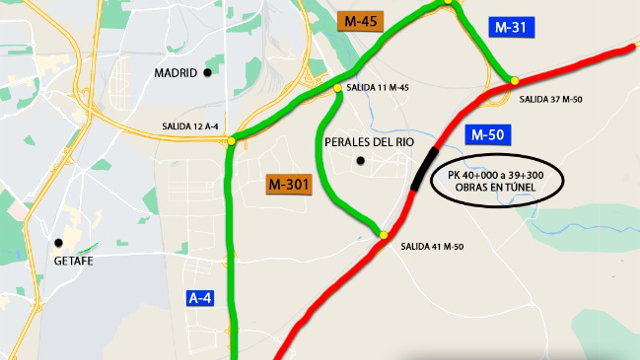 Itinerarios alternativos para evitar las obras del túnel de Perales del Río en la M-50