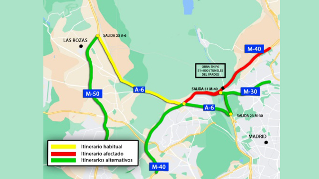 Reducción de carriles en la M-40 creciente a la altura de los túneles del Pardo por reparación del viaducto