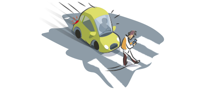 Dibujo hombre cruzando un paso de peatones mirando al móvil mientras un coche va rápido cerca de él