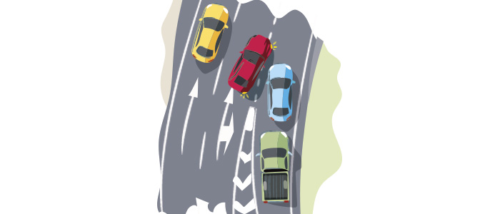 Dibujo de 4 vehículos en una autopista en el que uno de ellos se va a meter por una salida y se choca con un coche