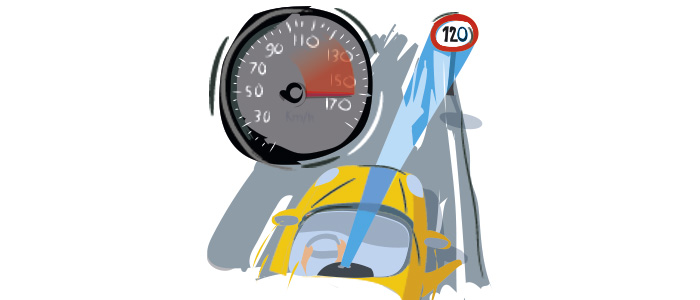 Dibujo coche por autopista con la señal del límite de velocidad de 120 Km/h y el velocímetro marcando 150
