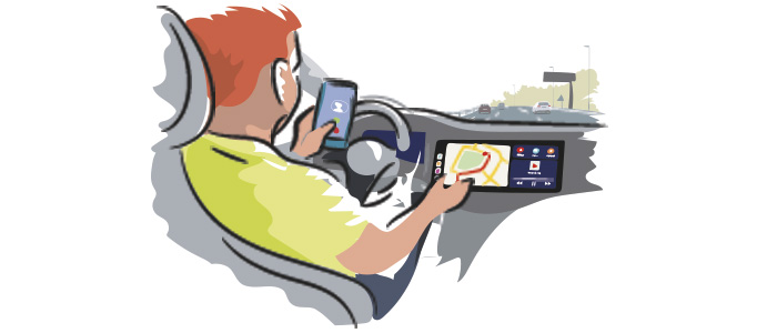 Dibujo conductor manejando el navegador del coche y con el móvil en la mano