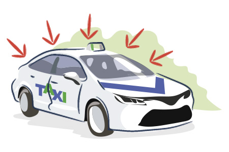 Dibujo de un taxi con 5 flechas señalándole Dibujo de un taxi con 5 flechas señalándole