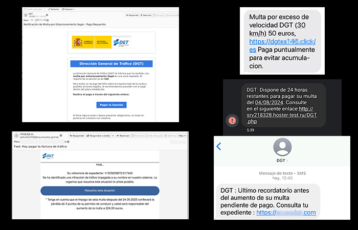 Imágenes de correos y SMS fraudulentos