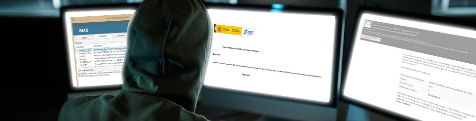 Tipo sentado de espaldas tecleando frente a tres pantallas