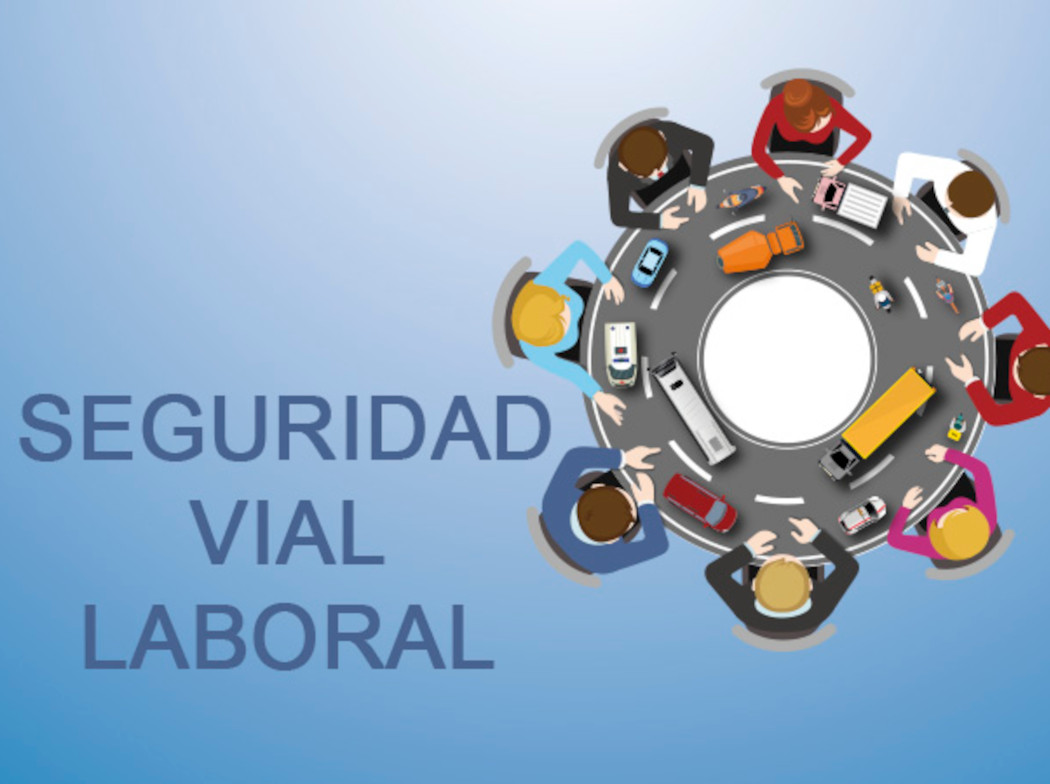Dibujo de con perspectiva cenital de una mesa redonda emulando una carretera con coches rodeada de trabajadores. A la izquierda se puede leer Seguridad Vial Laboral