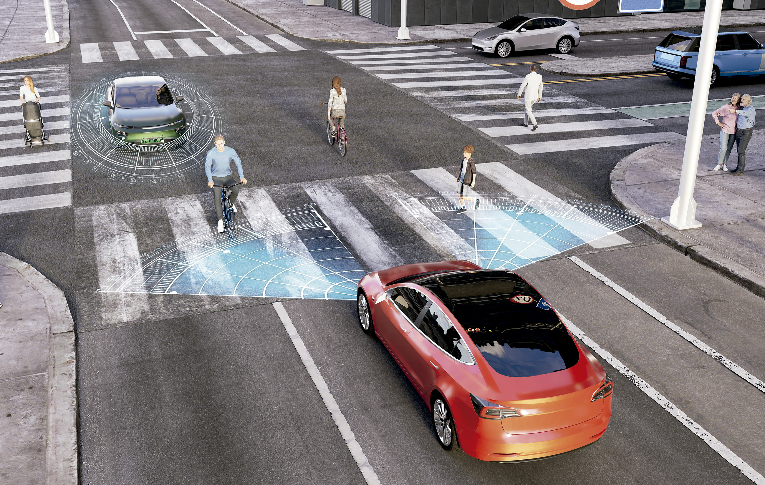 Imagen digital con un vehículo parado en un paso de peatones y de sus faros salen 