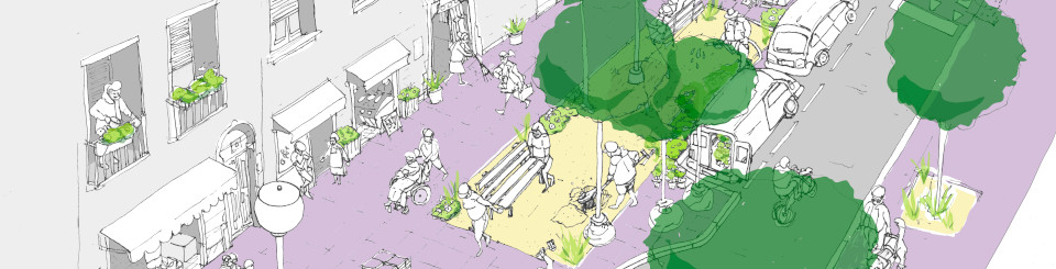 Dibujo de una calle de una ciudad con diferentes elementos. Las aceras están pintadas de morado, las copas de los árboles de color verde, monigotes de personas y diferentes vehículos en blanco y negro