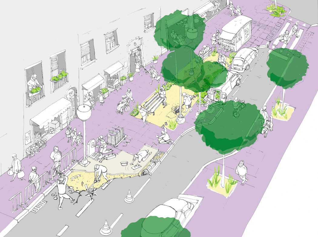 Dibujo de una calle de una ciudad con diferentes elementos. Las aceras están pintadas de morado, las copas de los árboles de color verde, monigotes de personas y diferentes vehículos en blanco y negro