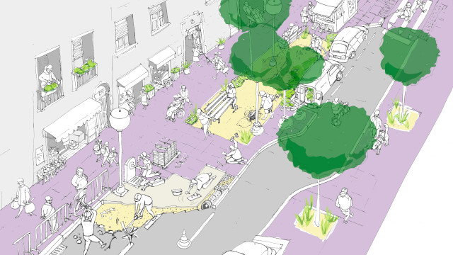 Dibujo de una calle de una ciudad con diferentes elementos. Las aceras están pintadas de morado, las copas de los árboles de color verde, monigotes de personas y diferentes vehículos en blanco y negro
